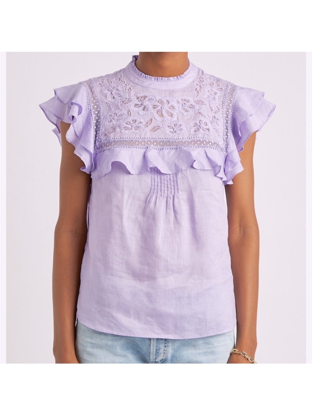 VERONICA BEARD Abdula Lilac Embroidered Ramie Top In Violet high neck Sz 6